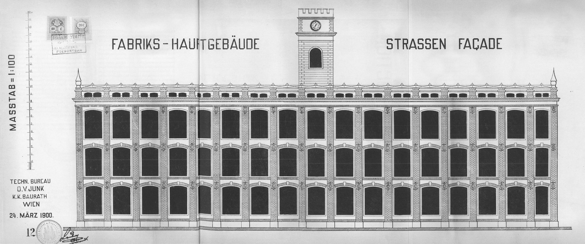 Pôvodný architektonický návrh hlavnej budovy Pradiarne. Autor D.V. Junk, Viedeň, marec 1900