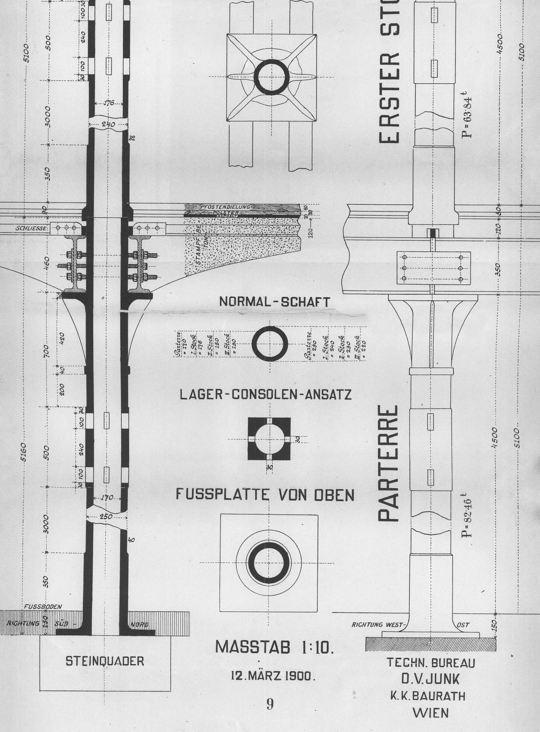 Výkres nosnej konštrukcie - pôvodný architektonický návrh. Autor D.V. Junk, Viedeň, marec 1900
