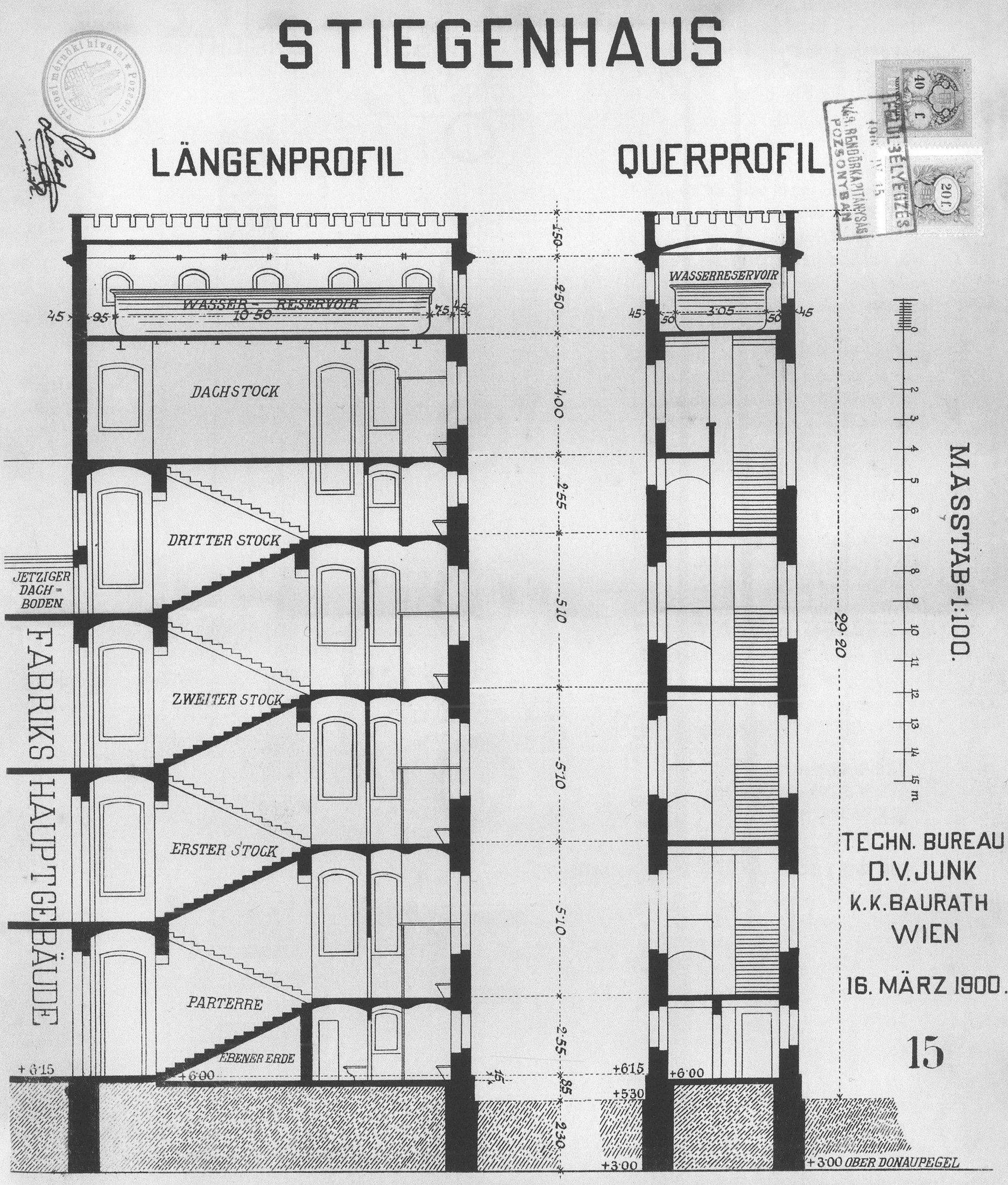 Rez schodiskovou vežou - pôvodný architektonický návrh. Autor D.V. Junk, Viedeň, marec 1900