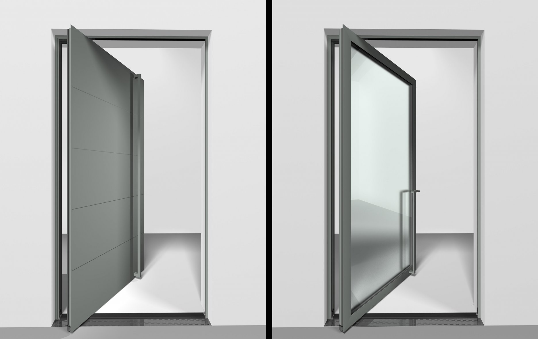 Na obrázku zľava: MasterLine 8 Pivotové dvere - s plným panelom a MasterLine 8 Pivotové dvere - so zasklením
