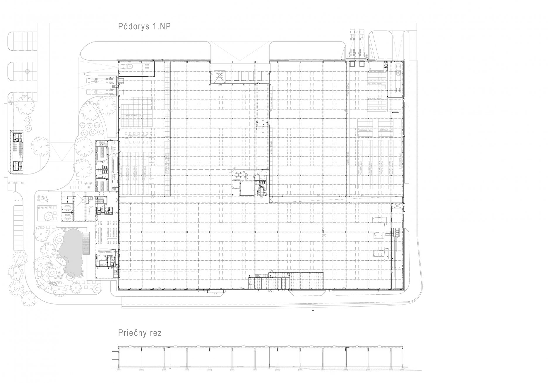 Pôdorys a rez výrobnej haly