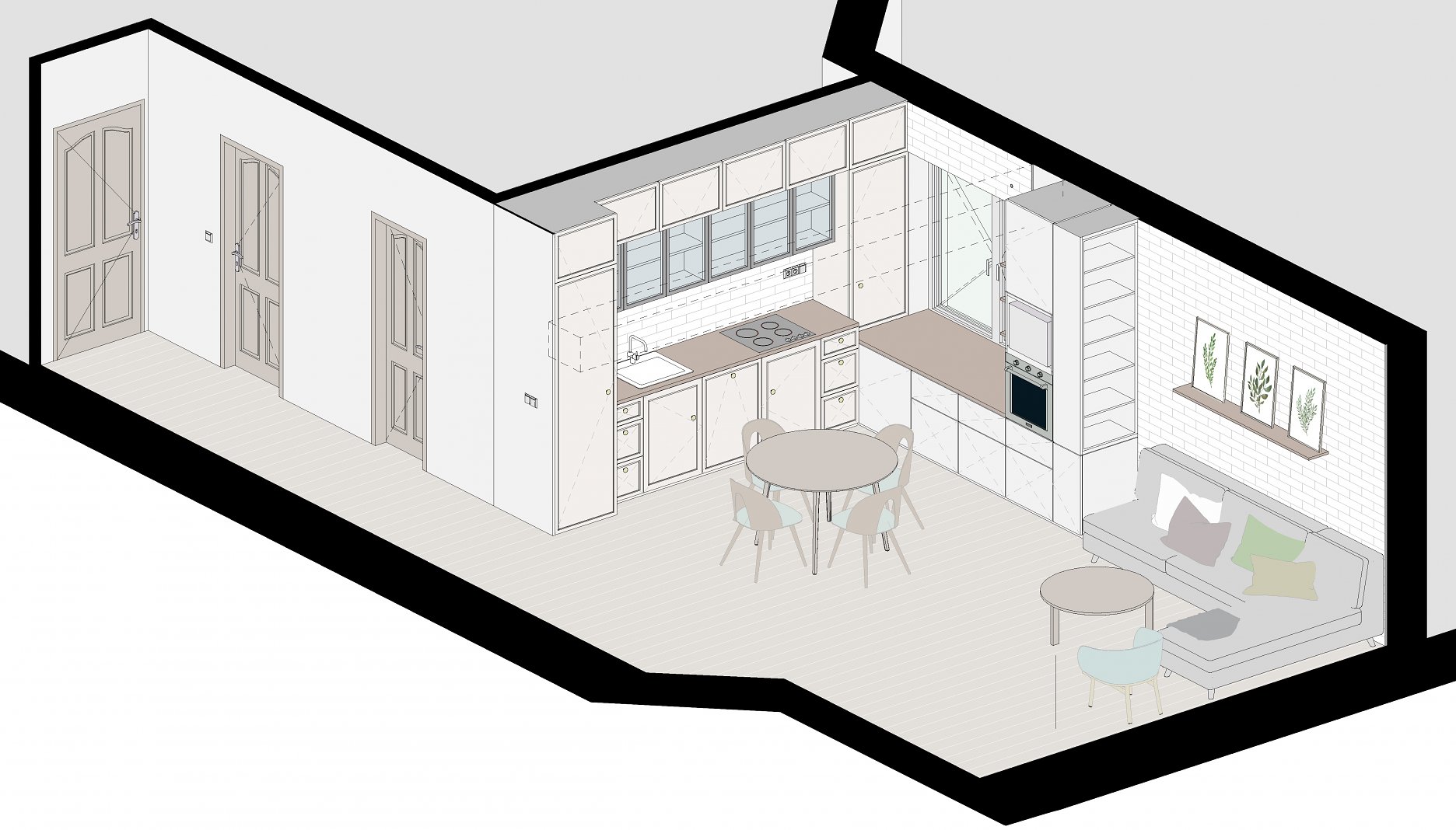 Axonometria návrhu kuchyne s obývacou časťou