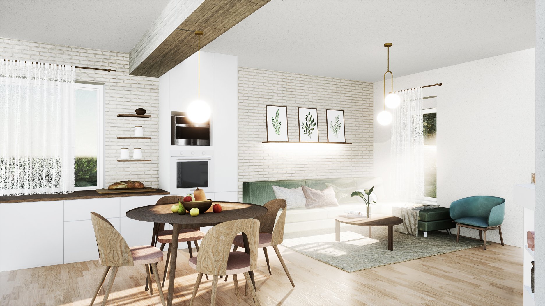 Vizualizácia - jedáleň s obývacou časťou