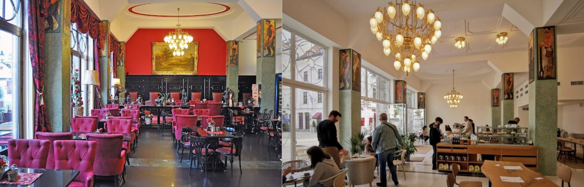 Vľavo: kaviareň Café – restaurand ROLAND, vpravo: typologicky neidentifikovateľný priestor