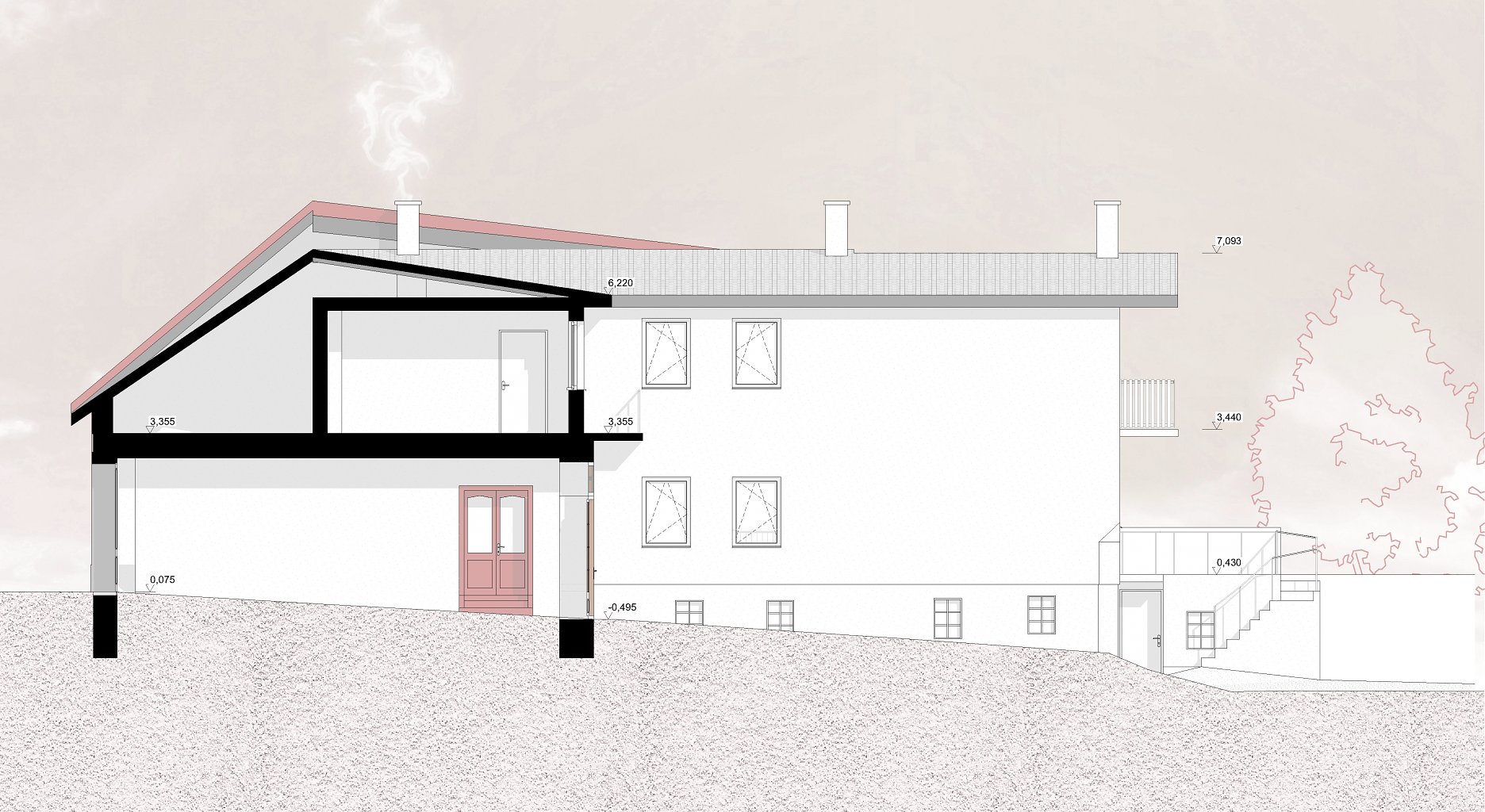 Pozdĺžny rez B-B´ - skutkový stav