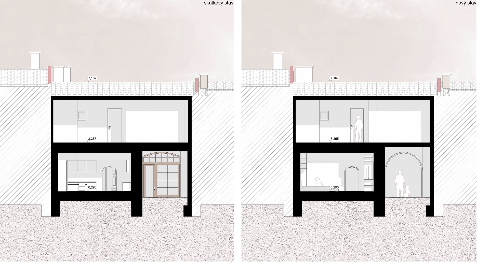 Priečny rez D-D´ pred a po