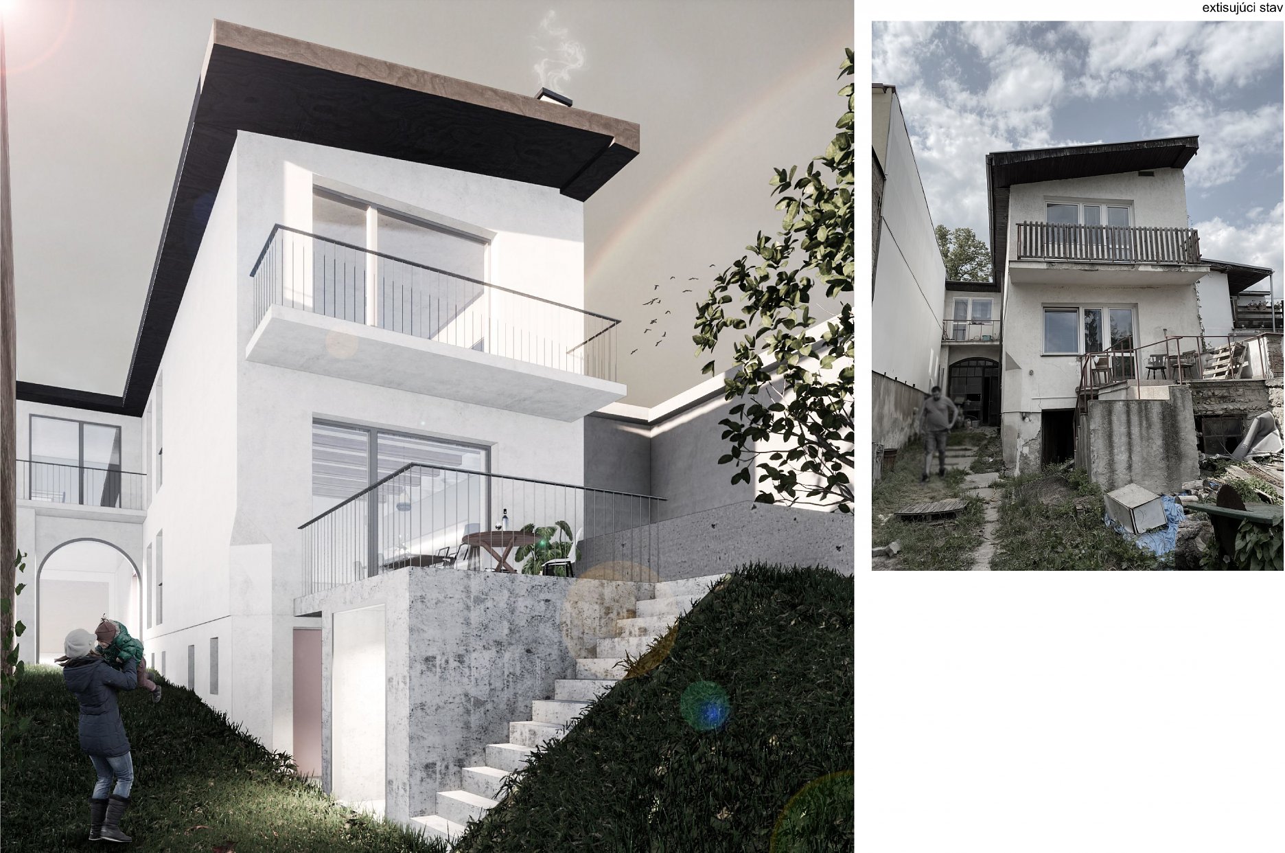 Vizualizácia od záhrady + foto existujúceho stavu