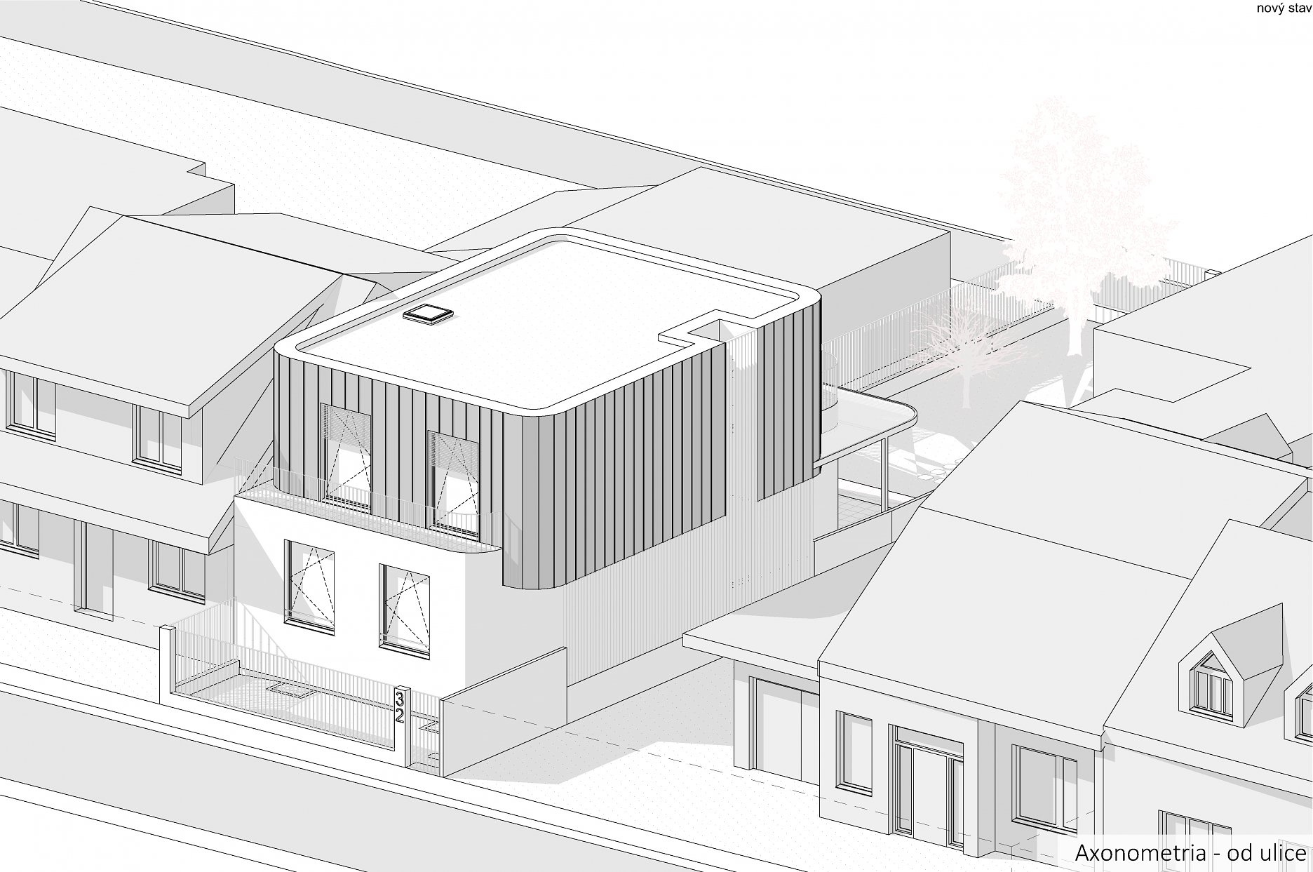 Axonometria rodinného domu od ulice