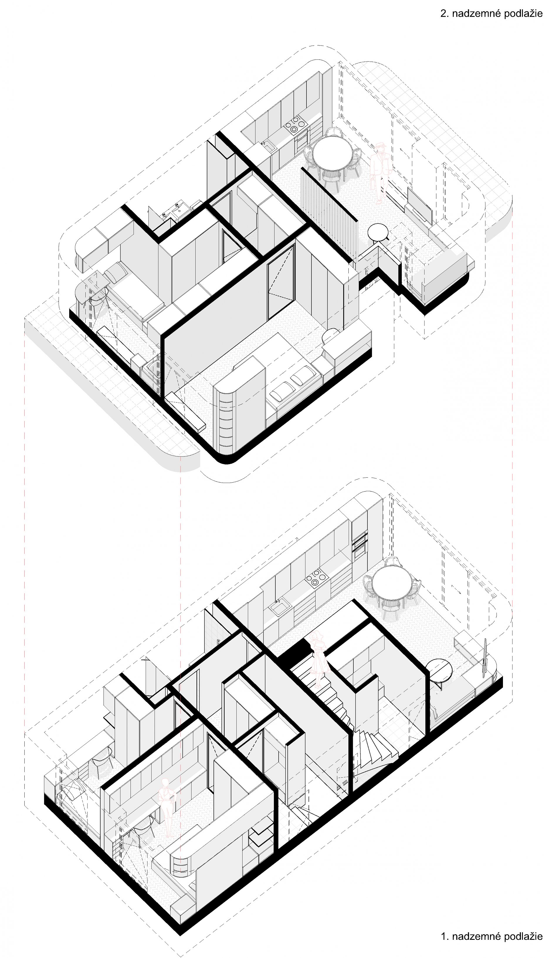 Axonometria - interiér od ulice