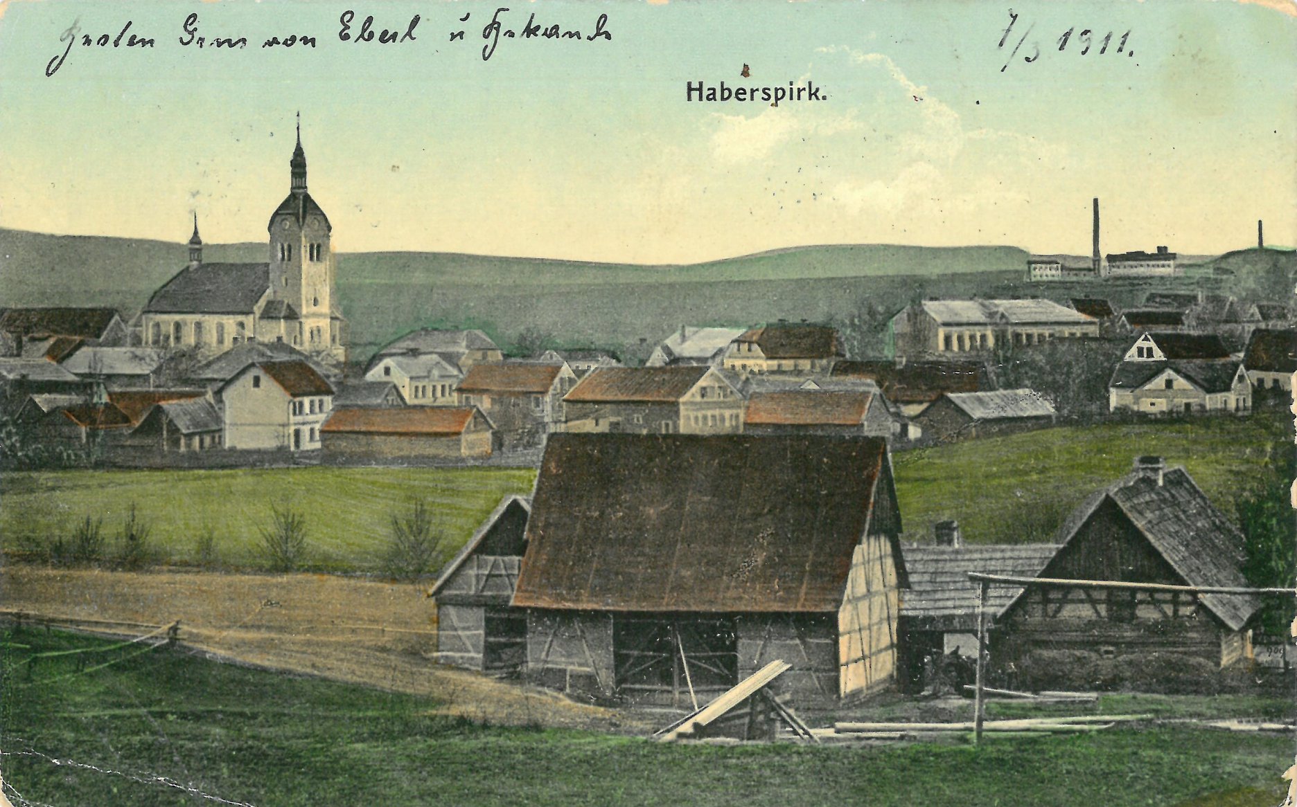 1911 Starý Habartov na dobovej pohľadnici. Celú túto časť mesta neskôr pohltil povrchový lom Medard. Zdroj: Archív Jaroslav Rokos